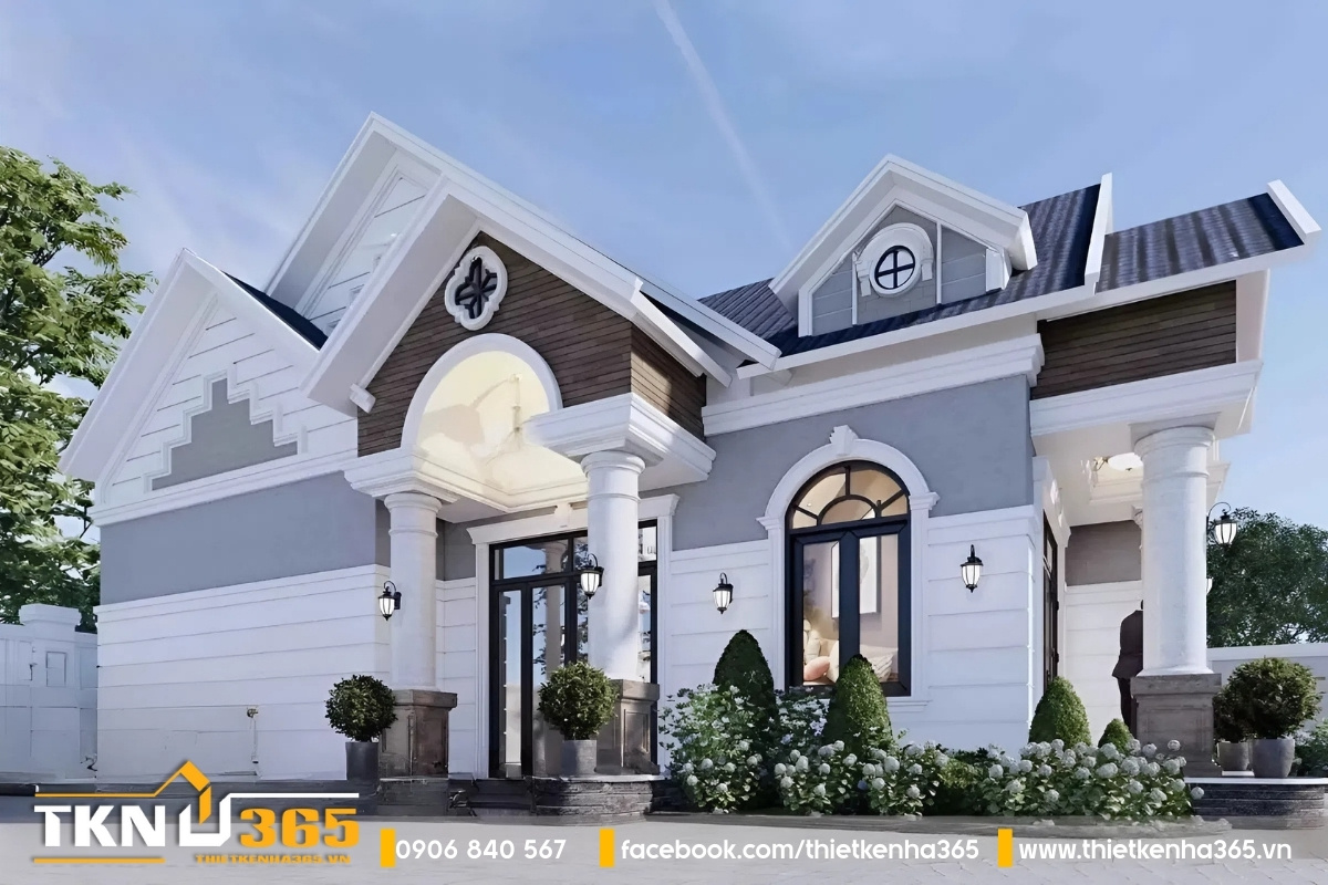 Biệt thự 1 tầng mái thái được thiết kế hài hòa giữa gam màu và chất liệu