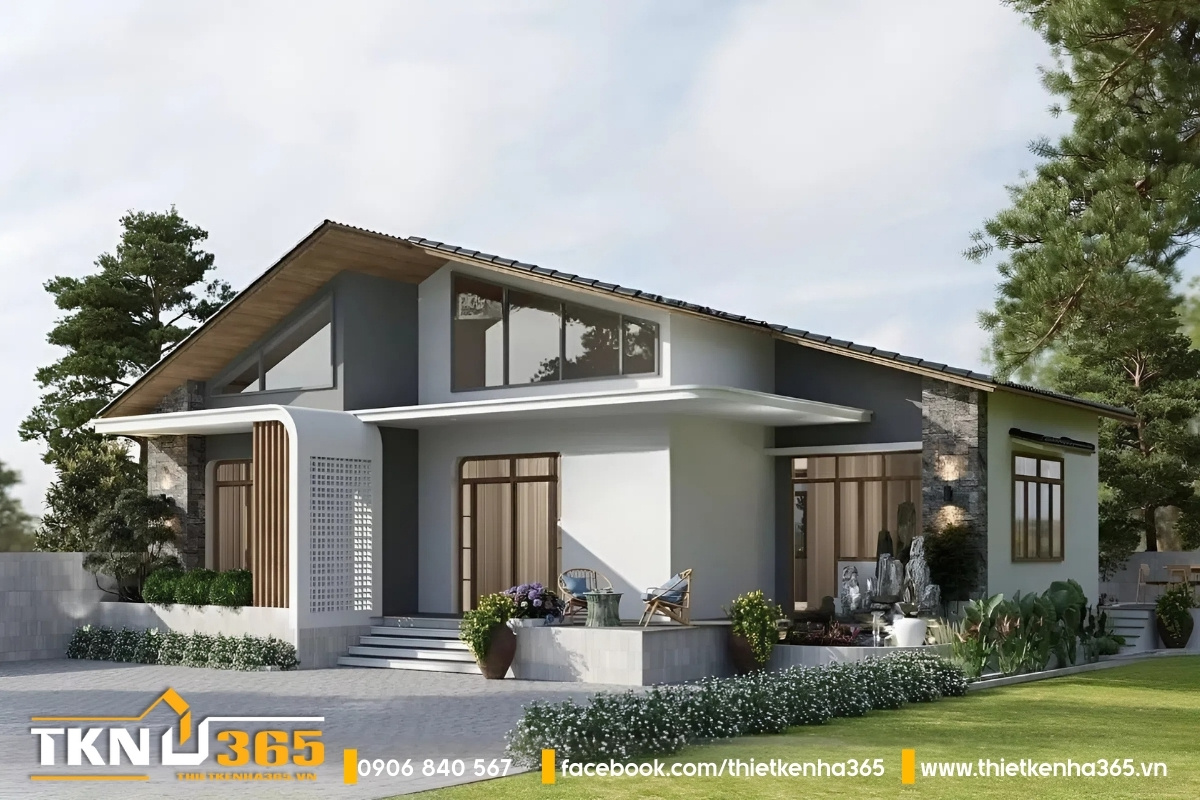 Mẫu biệt thự mái thái 1 tầng nhiều cửa kính lớn