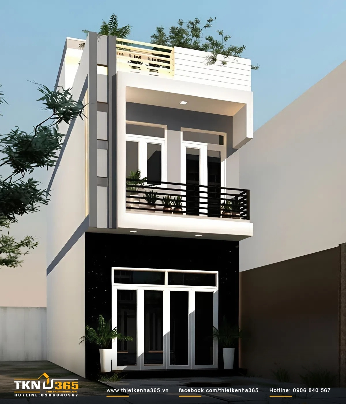Nhà 1 Trệt 1 Lửng 1 Lầu Đẹp Hiện Đại 2026 – Xu Hướng Thiết Kế Được Ưa Chuộng 9 Mặt tiền nhà ống 1 trệt 1 lửng 1 lầu phối màu trắng - đen độc đáo