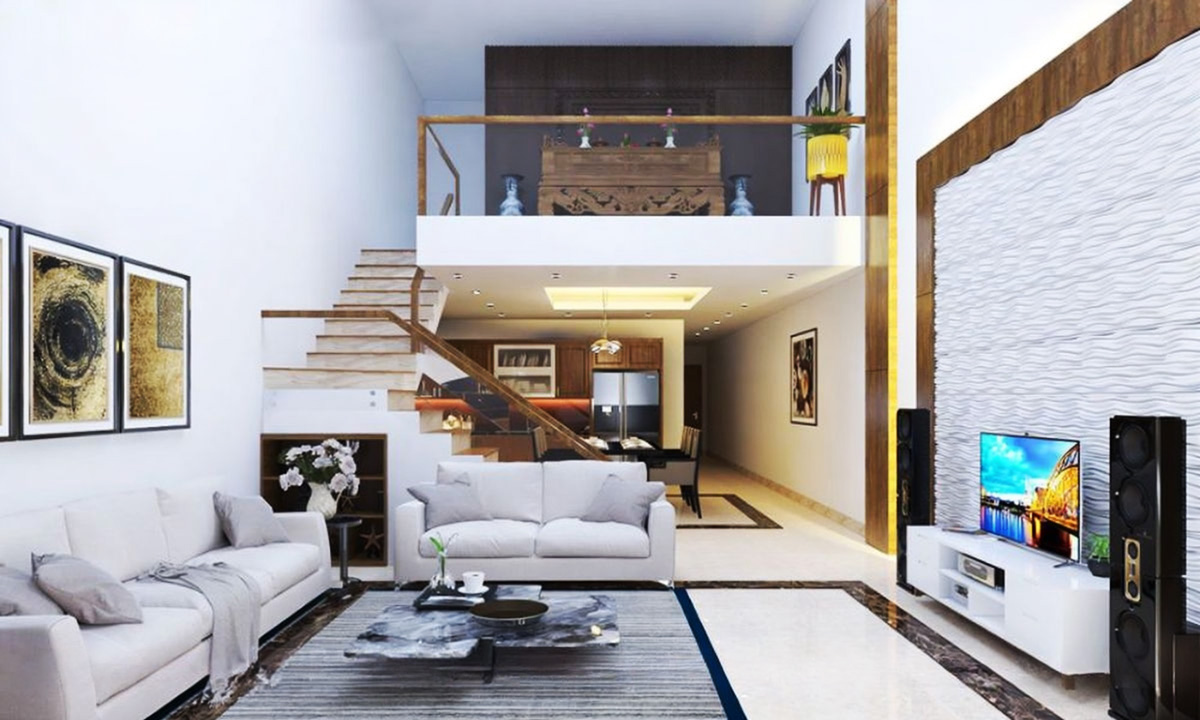 Mẫu nhà 2 tầng có gác lửng đẹp và nội thất thông minh