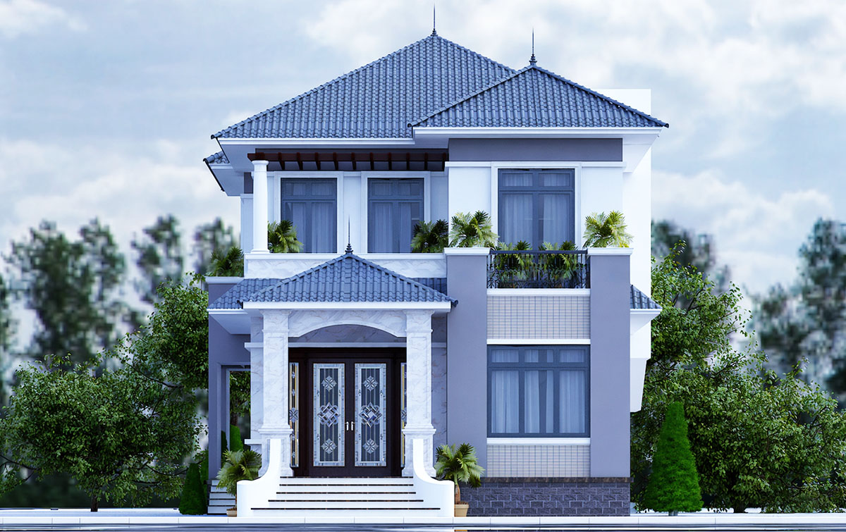 Mẫu nhà 2 tầng mặt tiền 10m với thiết kế kiểu mái thái Mẫu nhà 2 tầng mặt tiền 10m với thiết kế kiểu mái thái