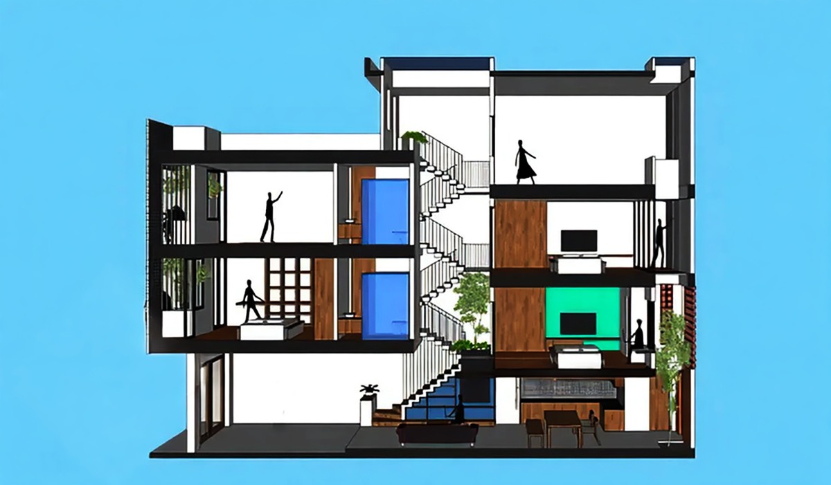 Bản vẽ 3D phối cảnh mặt tiền của ngôi nhà lệch tầng 4x12 3 tầng