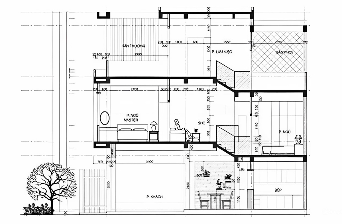 Bản vẽ mặt bằng của mẫu nhà 4x12 lệch tầng