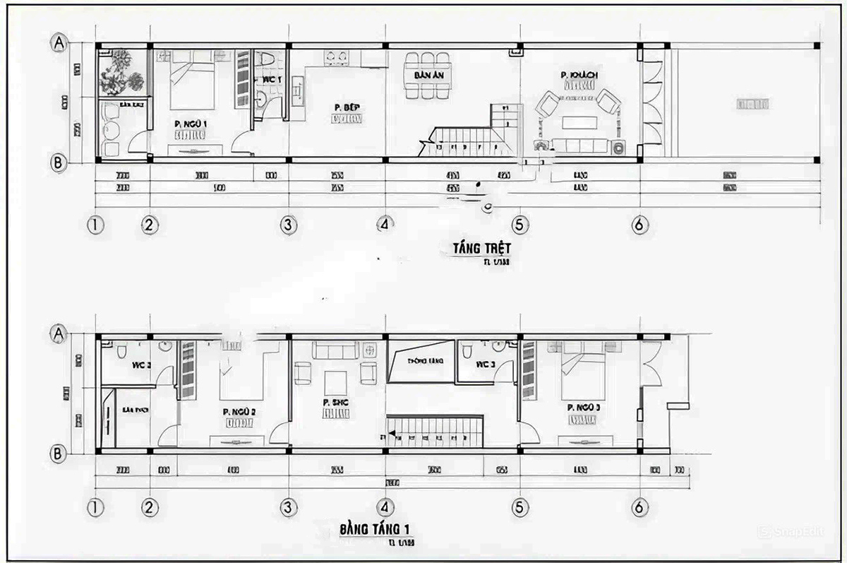 Mặt bằng bố trí nội thất mẫu thiết kế mẫu nhà lệch tầng 4x12m của anh Nhẫn
