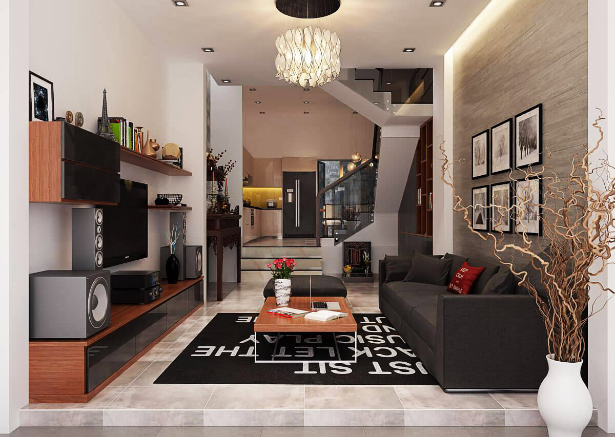 Nội thất phòng khách của mẫu nhà 4x12m lệch tầng của anh Nhẫn