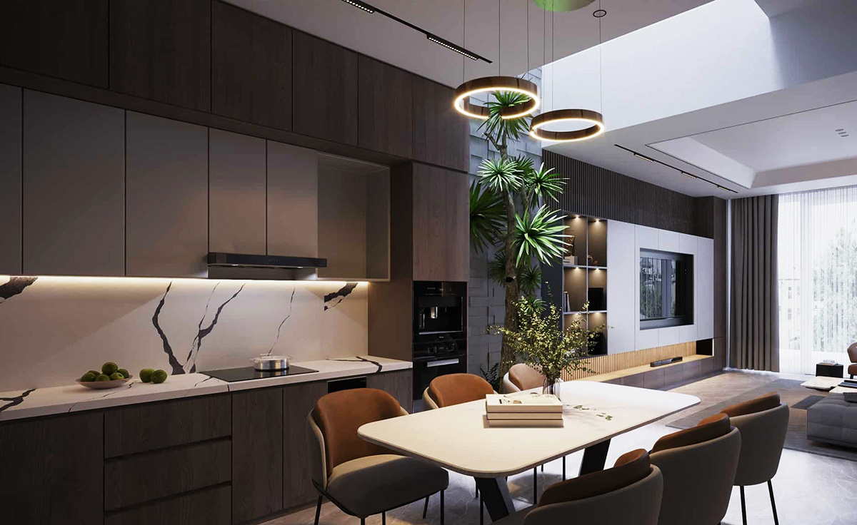 Nội thất phòng bếp kết hợp phòng ăn nhà 4x12m lệch tầng