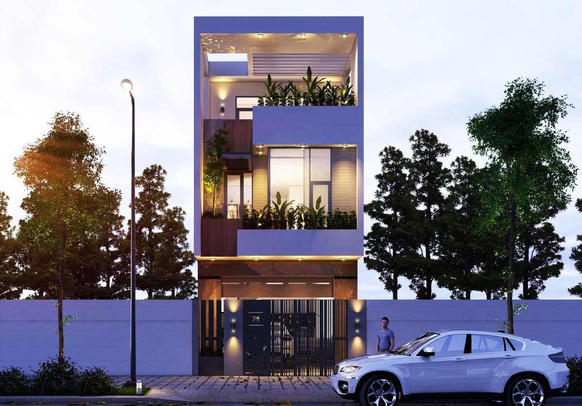 Mẫu nhà lệch tầng 4m12 mái bằng sang trọng