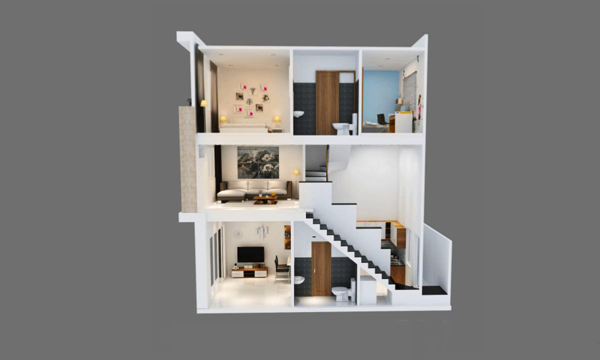 Mẫu nhà ống 2 tầng có gác lửng đẹp không gian mở