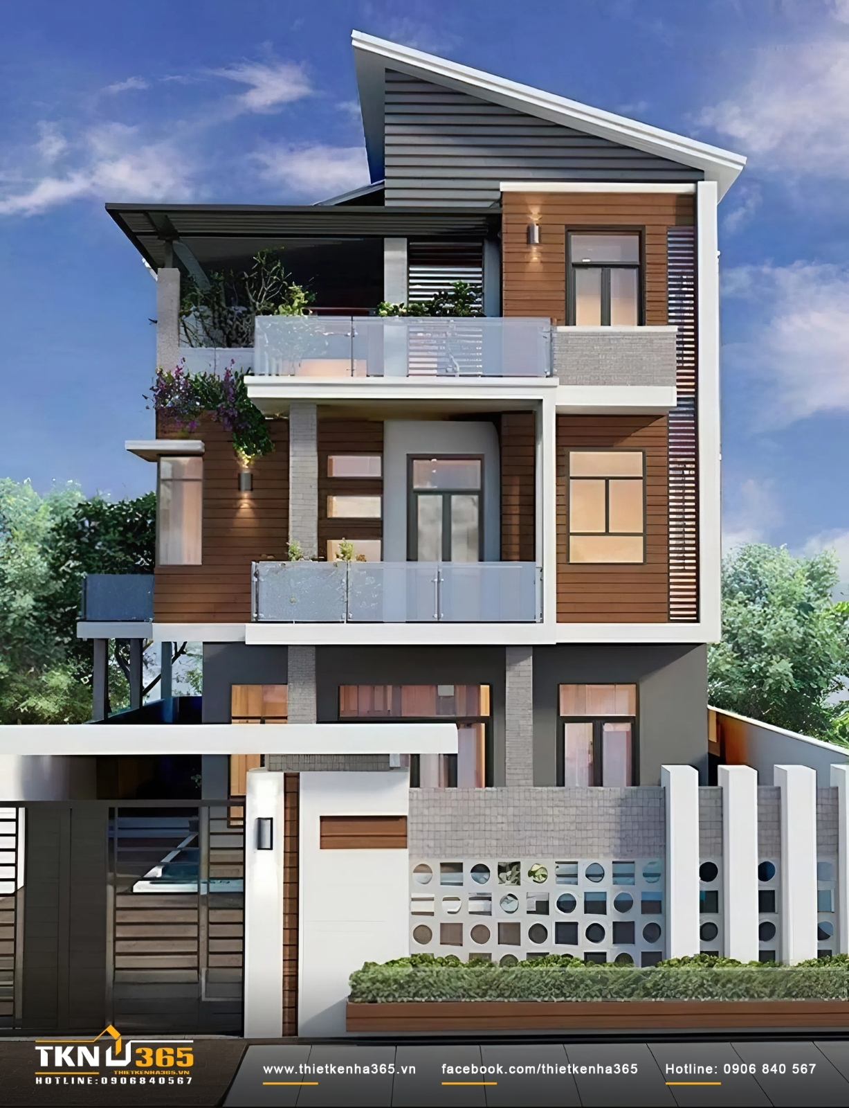 Mẫu thiết kế nhà ống 3 tầng đẹp mái lệch