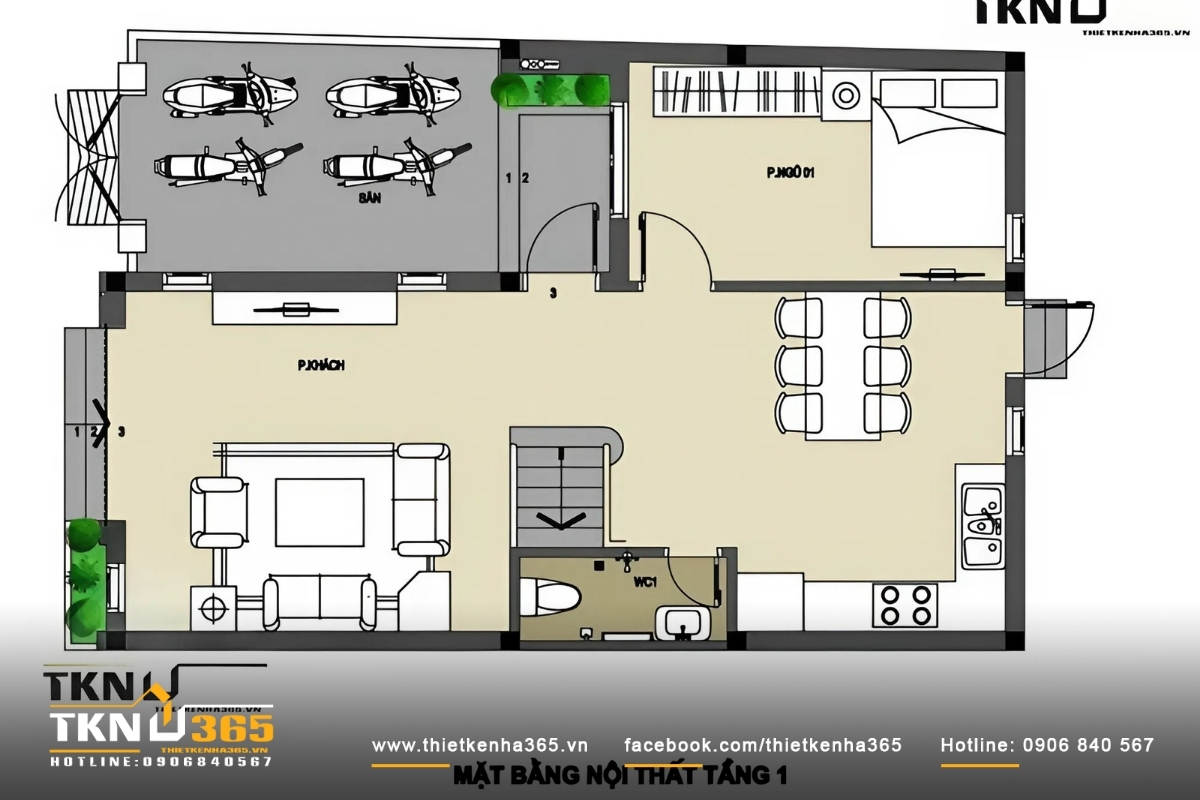 Bản vẽ thiết kế nhà ống 3 tầng – Bố trí công năng tầng 1