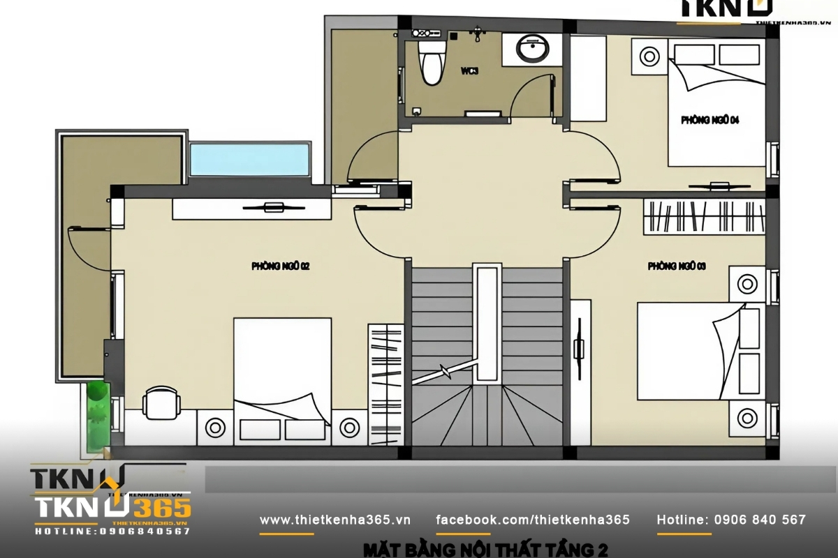 Bản vẽ mẫu nhà ống 3 tầng – Bố trí công năng tầng 2