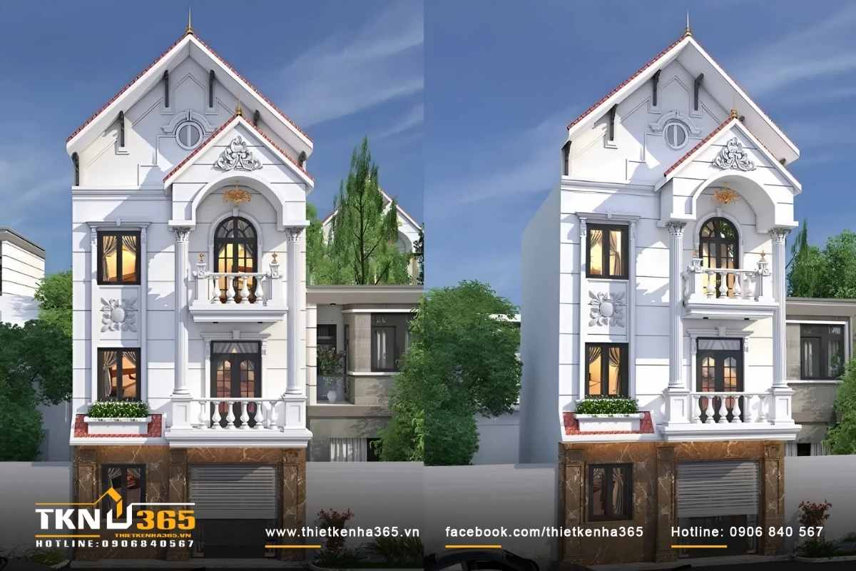 Mẫu nh&agrave; ống m&aacute;i th&aacute;i c&oacute; mặt tiền sang trọng, gara để xe