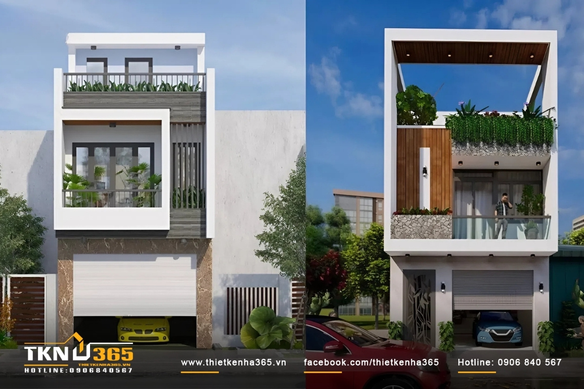 Nh&agrave; ống đẹp hiện đại m&aacute;i bằng c&oacute; gara để xe hơi