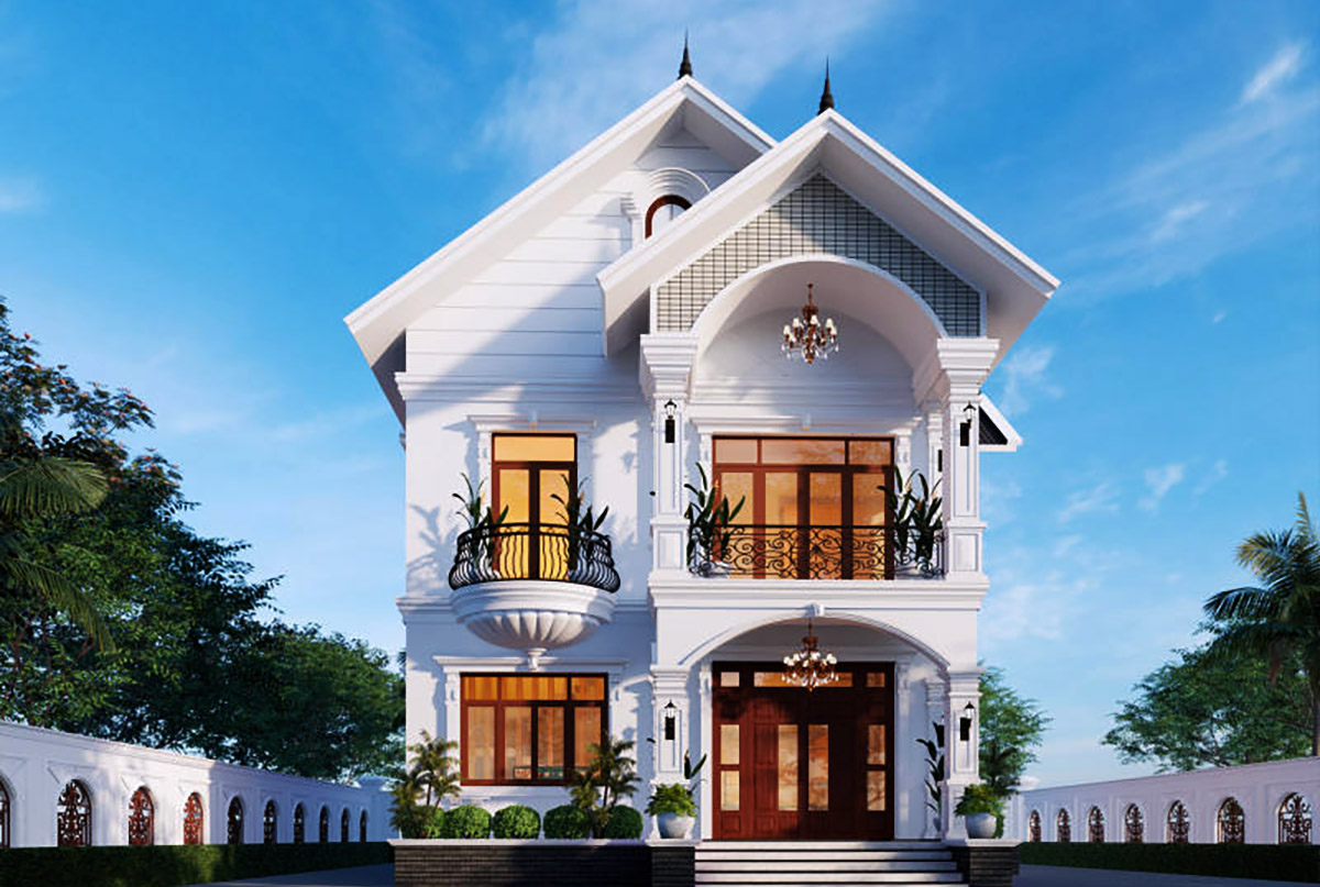 Nhà 2 tầng mặt tiền 10m phong cách tân cổ điển mái thái Nhà 2 tầng mặt tiền 10m phong cách tân cổ điển mái thái