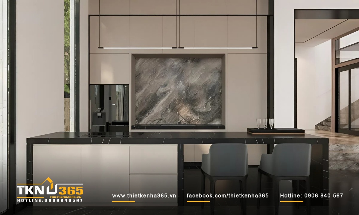 Phòng bếp biệt thự mái Thái toát lên sự trang nhã với tone màu trắng