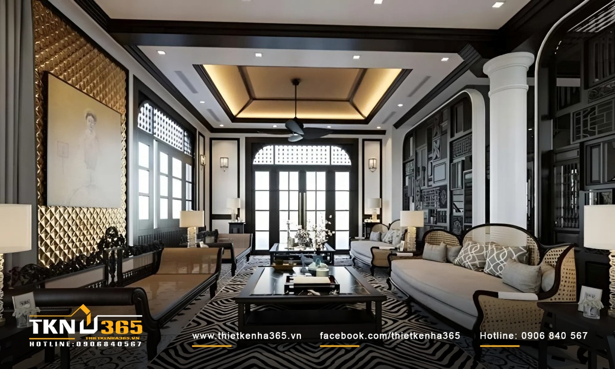 Phòng khách biệt thự vườn Đông Dương với tone màu gỗ đen huyền bí