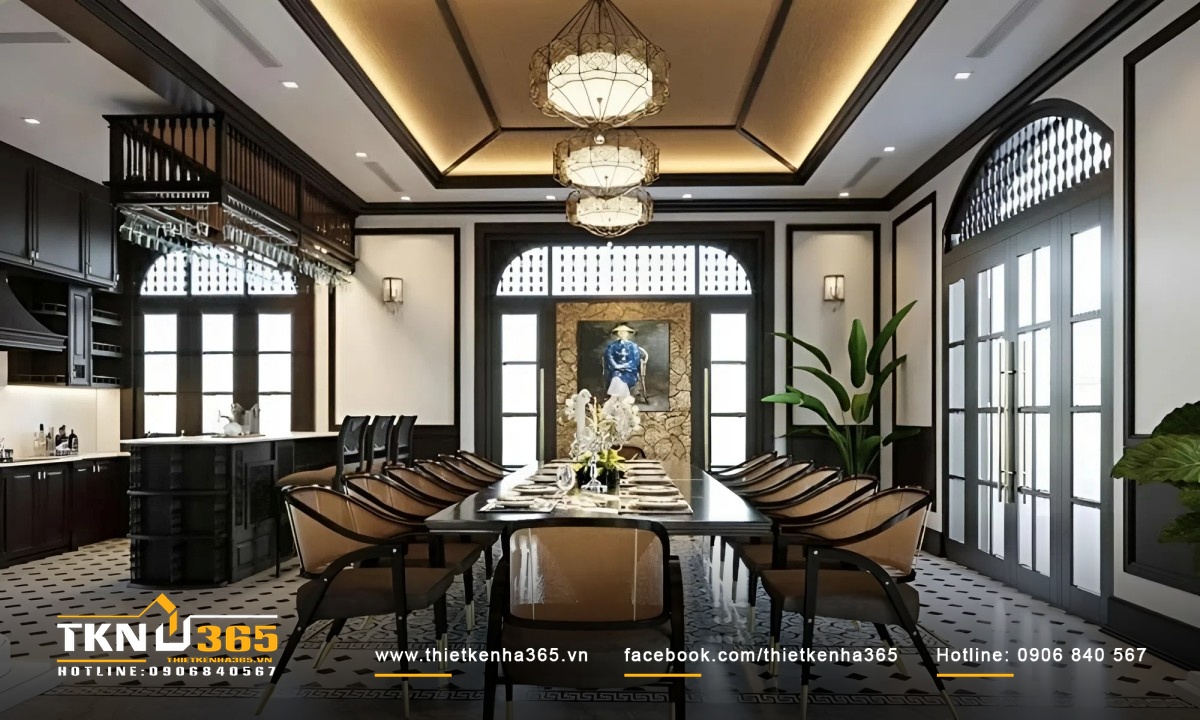 Phòng bếp ăn biệt thự vườn Đông Dương hài hòa với phòng khách