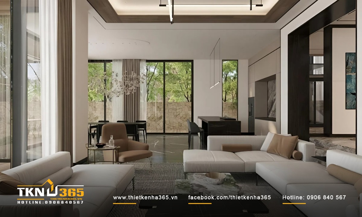 Phòng khách biệt thự mái Thái liền với phòng ăn giúp tiết kiệm diện tích