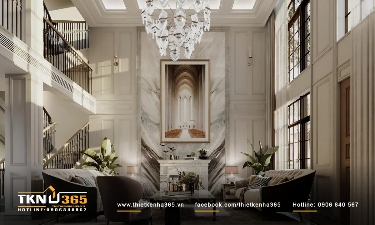 Nội thất phòng khách sang trọng của biệt thự nhà vườn tân cổ điển