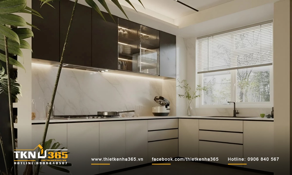 Phòng bếp đầy đủ tiện nghi của biệt thự nhà vườn cấp 4