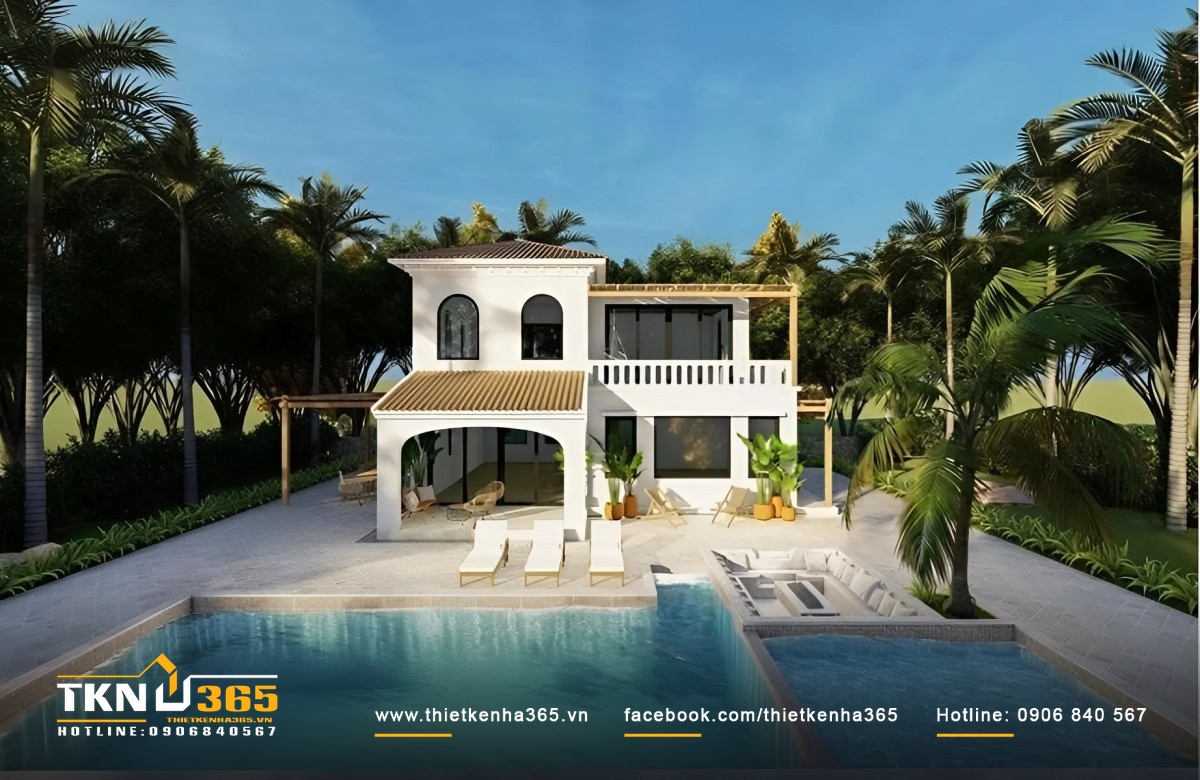 Khoảng sân vườn và hồ bơi trong biệt thự vườn 2 tầng Địa Trung Hải