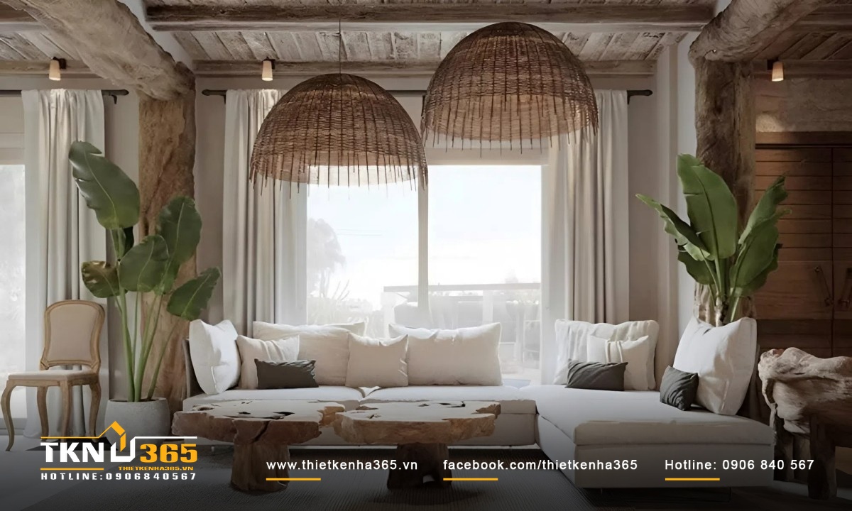 Phòng khách nhà biệt thự sân vườn 2 tầng Địa Trung Hải