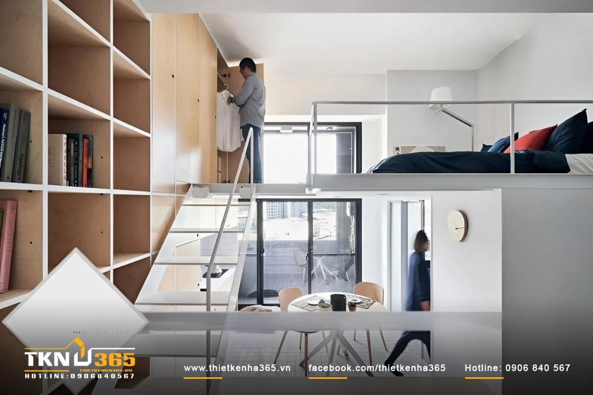 Mẫu nhà 2 tầng 20m2 có gác lửng và cửa sổ sát đất