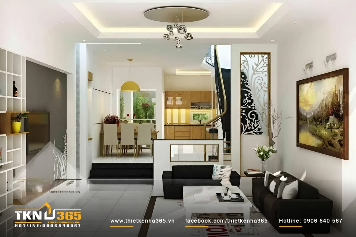 Mẫu nhà 20m2 2 tầng sang trọng, hiện đại có phòng khách thông với phòng bếp và khu vực ăn uống đảm bảo sự thông thoáng