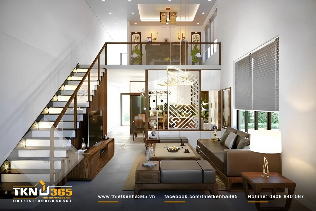 Mẫu nh&agrave; 35m2 thiết kế đẹp c&oacute; tầng lửng tận dụng l&agrave;m ph&ograve;ng thờ