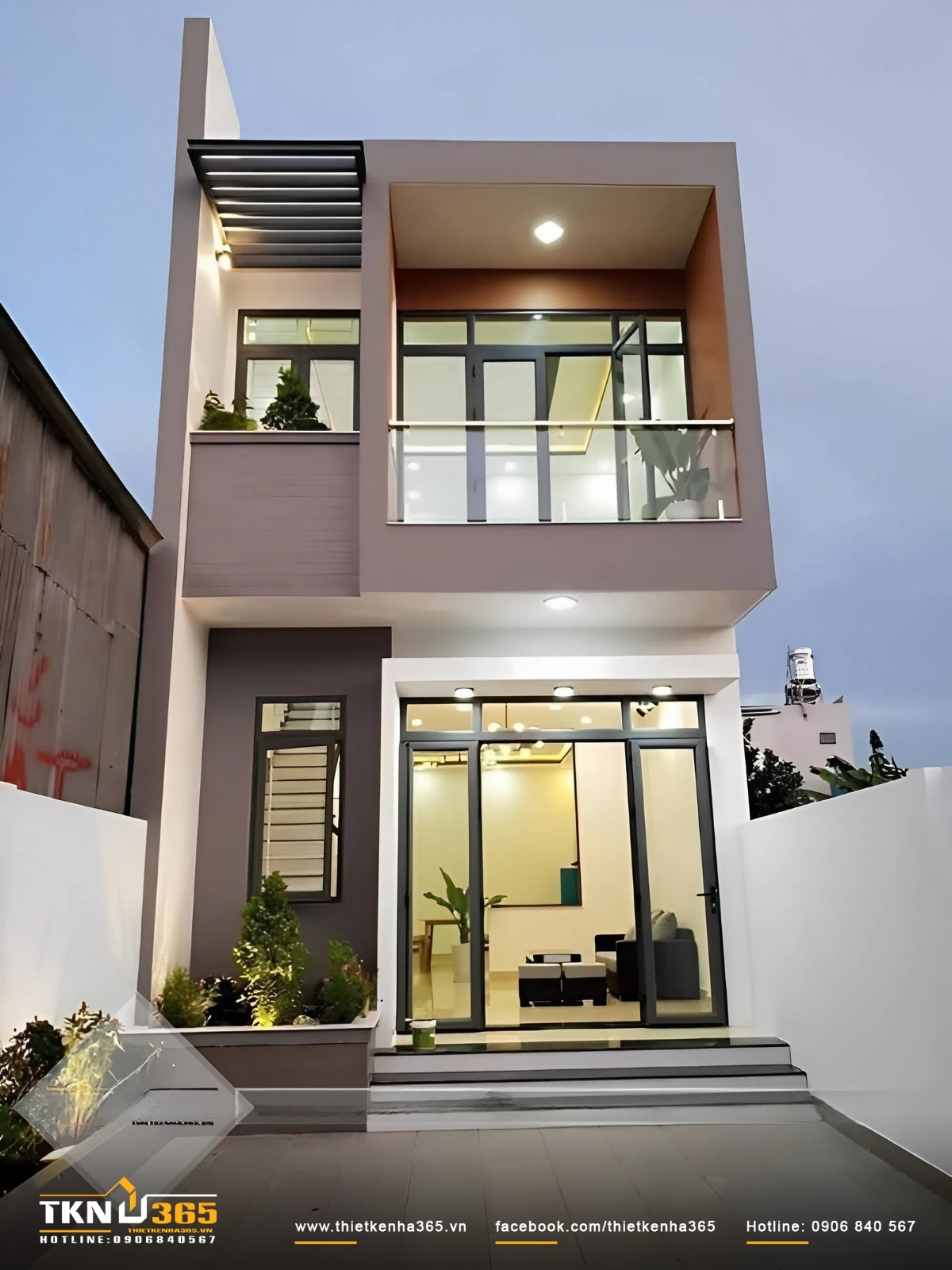 Mẫu thiết kế nh&agrave; ống 35m2 kết cấu 2 tầng m&aacute;i bằng sử dụng hệ thống cửa k&iacute;nh