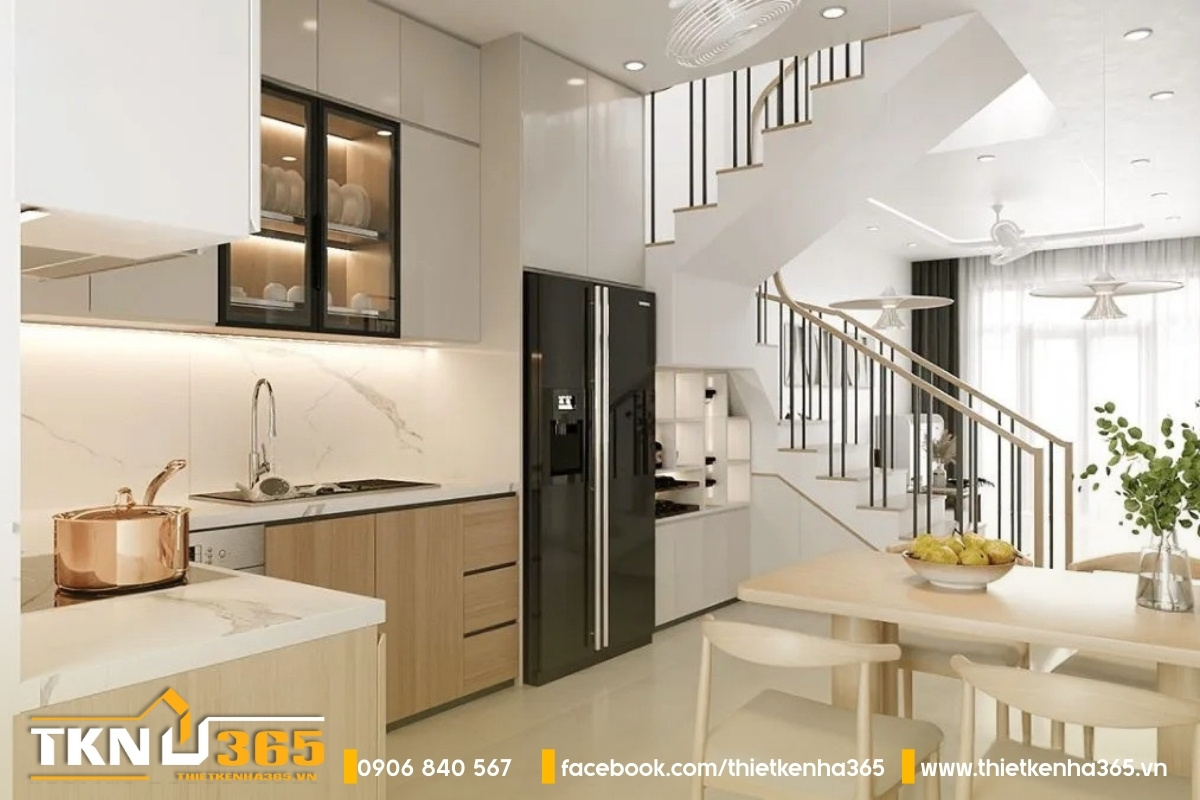 Khu vực bếp kết hợp phòng ăn giúp tiết kiệm diện tích