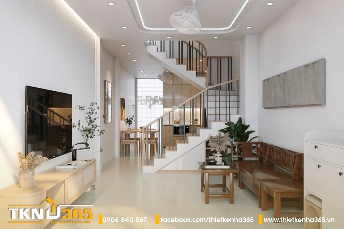 Sử dụng nội thất có màu sắc nhẹ nhàng để tạo cảm giác rộng rãi, thoải mái trong nhà 3x20m