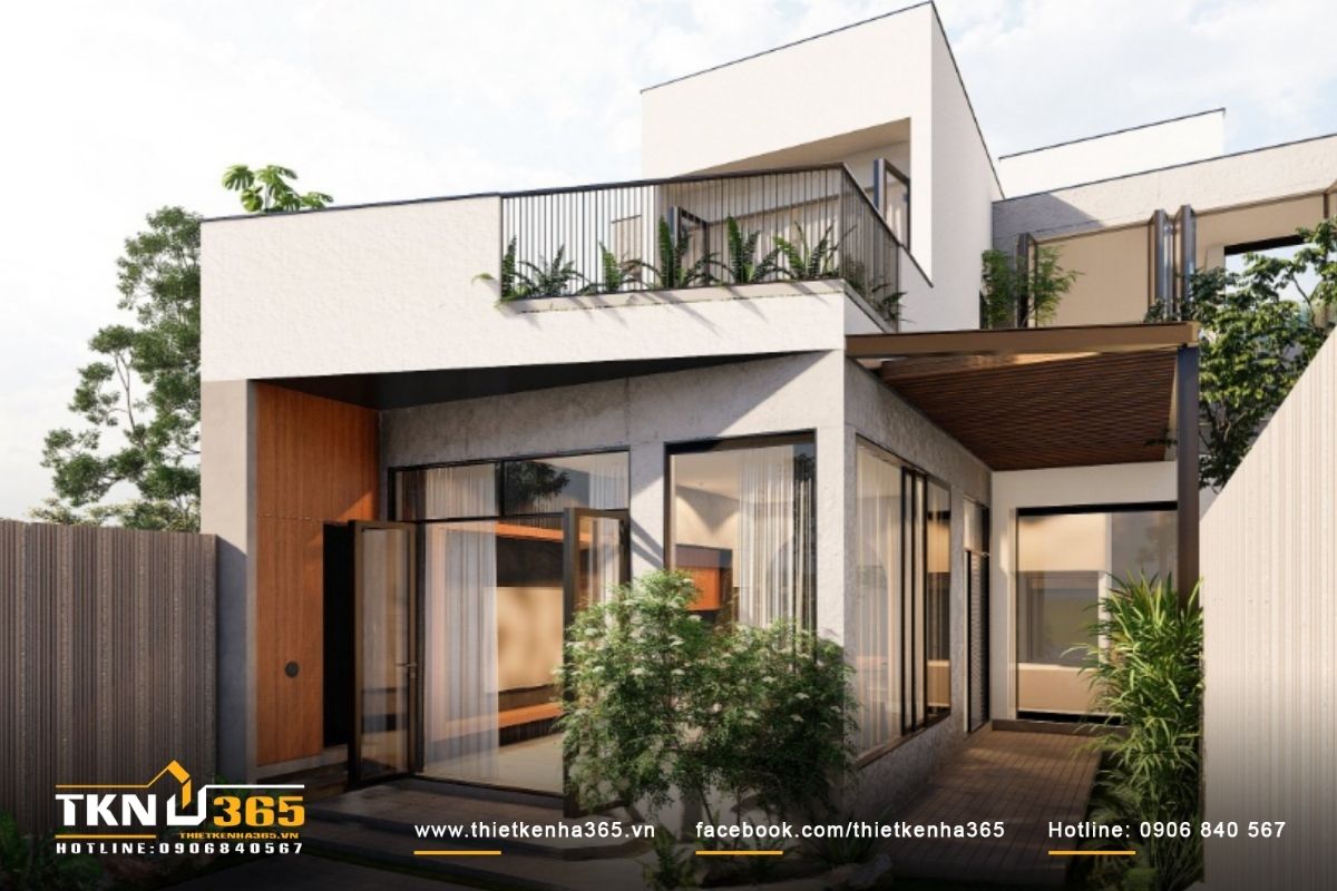 Thiết kế nhà phố 1 tầng đẹp hiện đại mái bằng có gác lửng