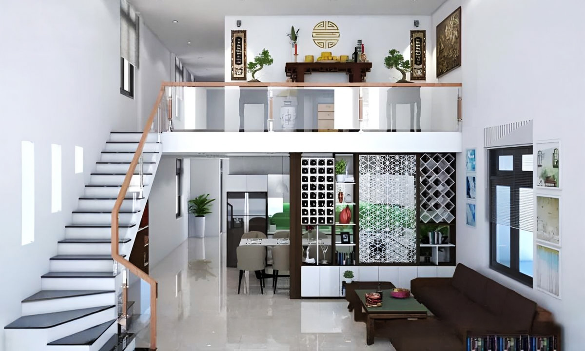 Nhà ống 2 tầng có gác lửng với phòng sinh hoạt chung ấm cúng