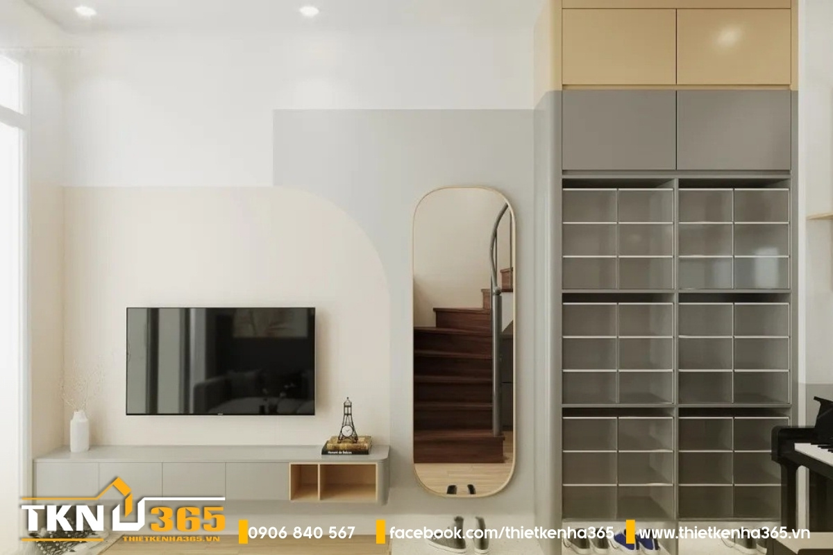 Thiết kế nh&agrave; nhỏ đẹp 16m2 sử dụng kệ nhiều tầng để tạo nhiều kh&ocirc;ng gian đựng đồ