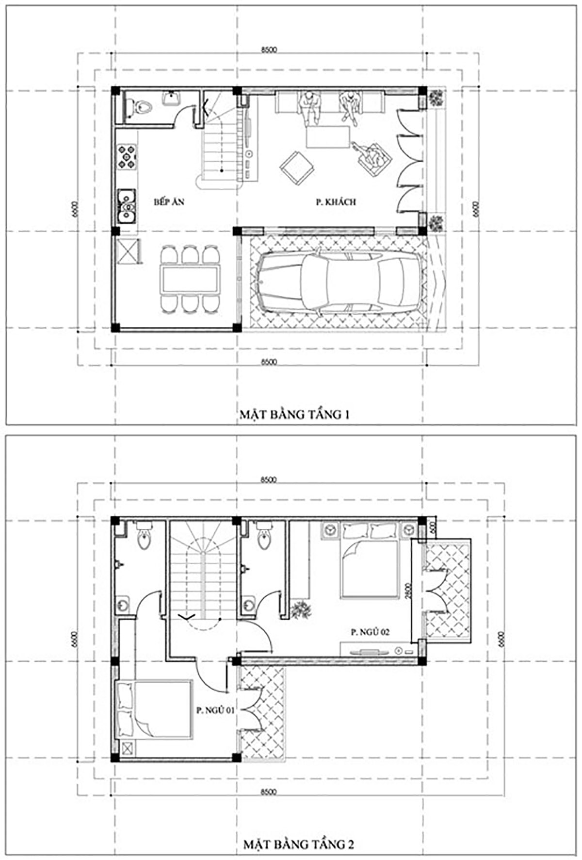 Mặt bằng thiết kế nhà 2 tầng chữ L 50m2