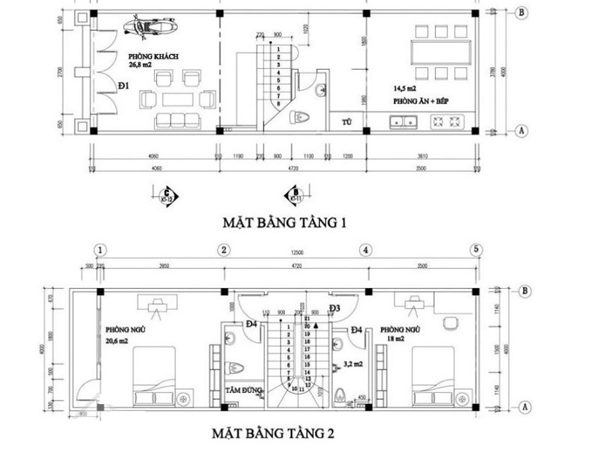 Bản vẽ mặt bằng công năng nhà 2 tầng 50m2
