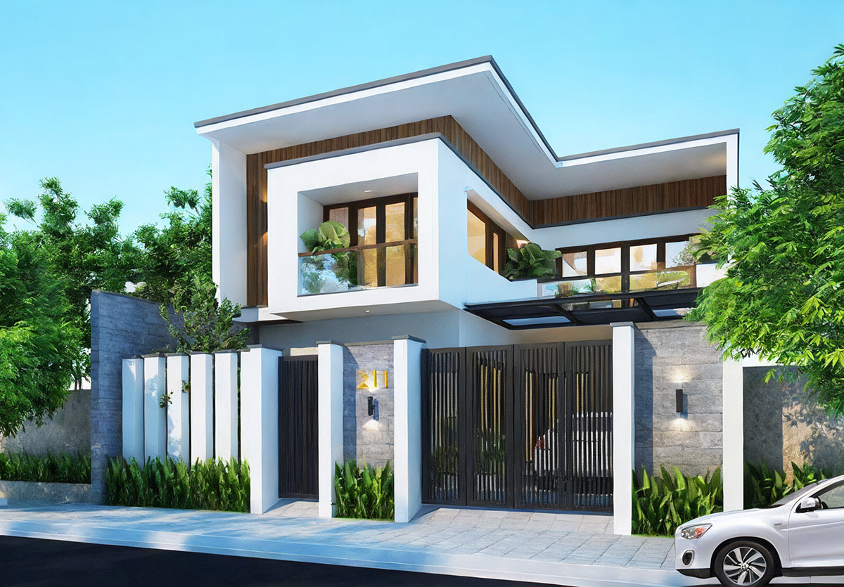 Thiết kế mặt tiền nhà chữ L 2 tầng 50m2