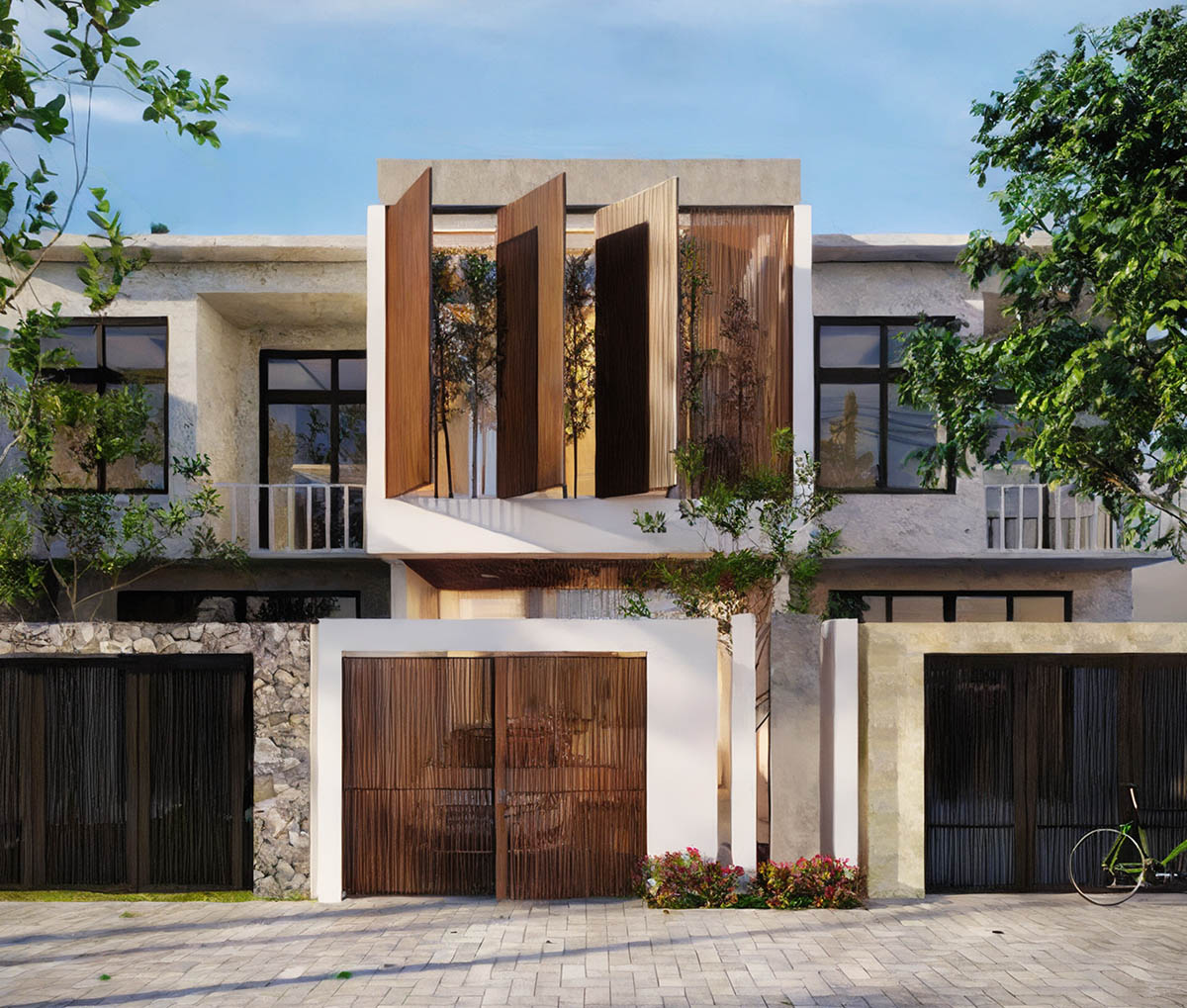 Mẫu nhà 2 tầng 60m2 có sân lớn để đậu xe ô tô.