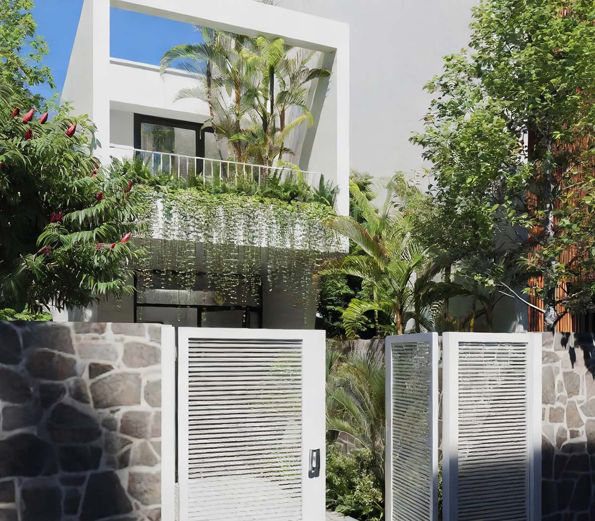 Mặt tiền và bản vẽ thiết kế nhà 60m2 với không gian xanh.