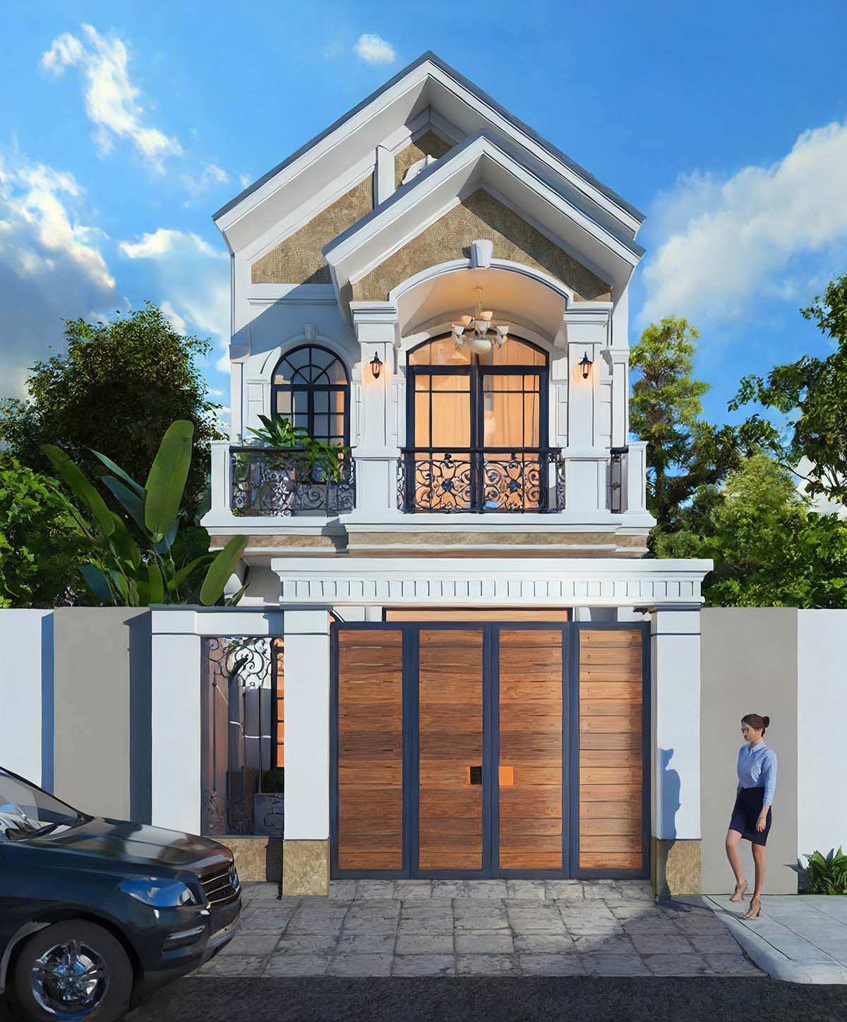 Mẫu thiết kế nhà 2 tầng 60m2 mái thái có gara.