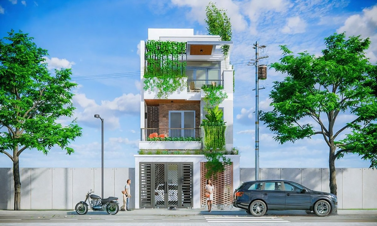 Mẫu nhà ngang 6m dài 15m có không gian xanh thoáng đãng.