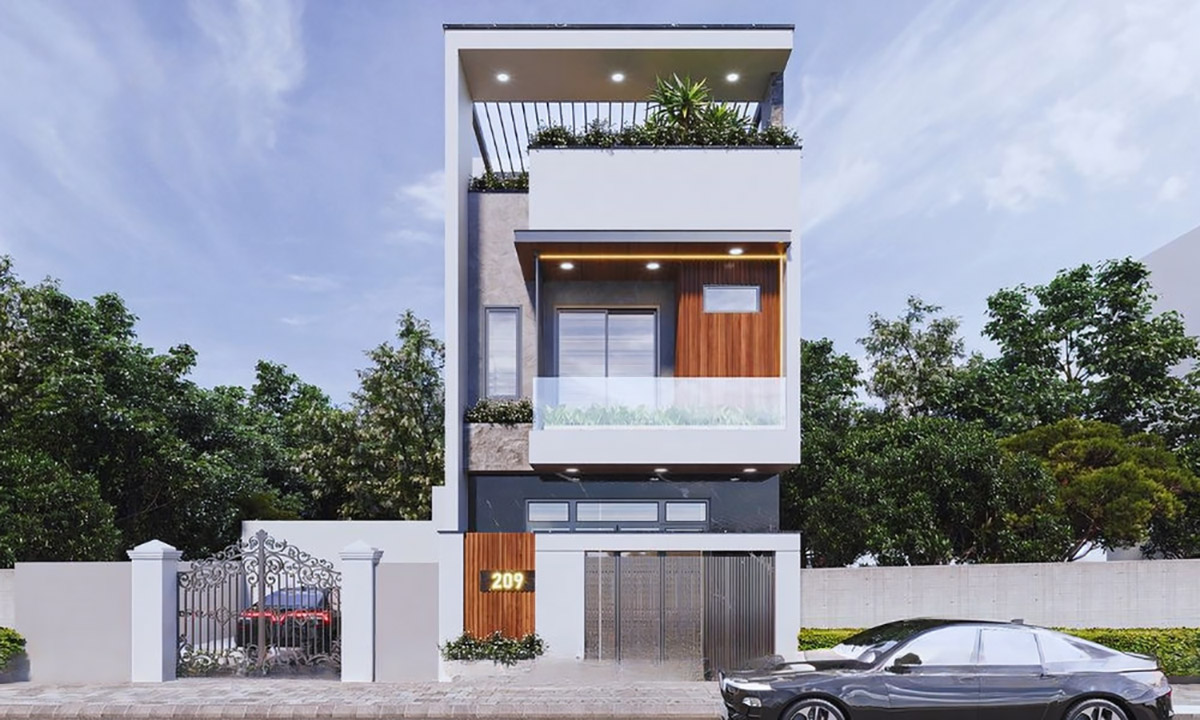 Nhà 3 tầng 6x15m có gara ô tô và khoảng sân bên cạnh nhà rộng rãi.