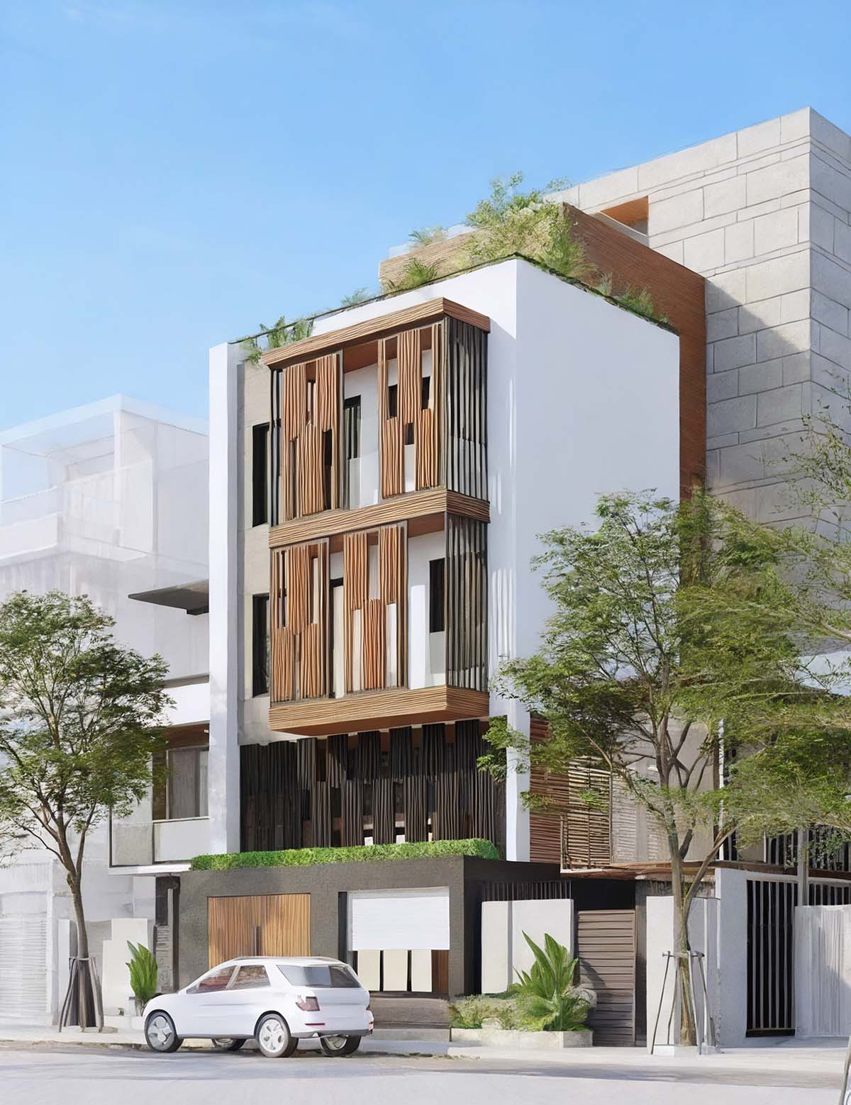 Mẫu nhà ngang 6m dài 15m nằm ở trục đường lớn với mặt tiền bằng gỗ độc đáo, ấn tượng.