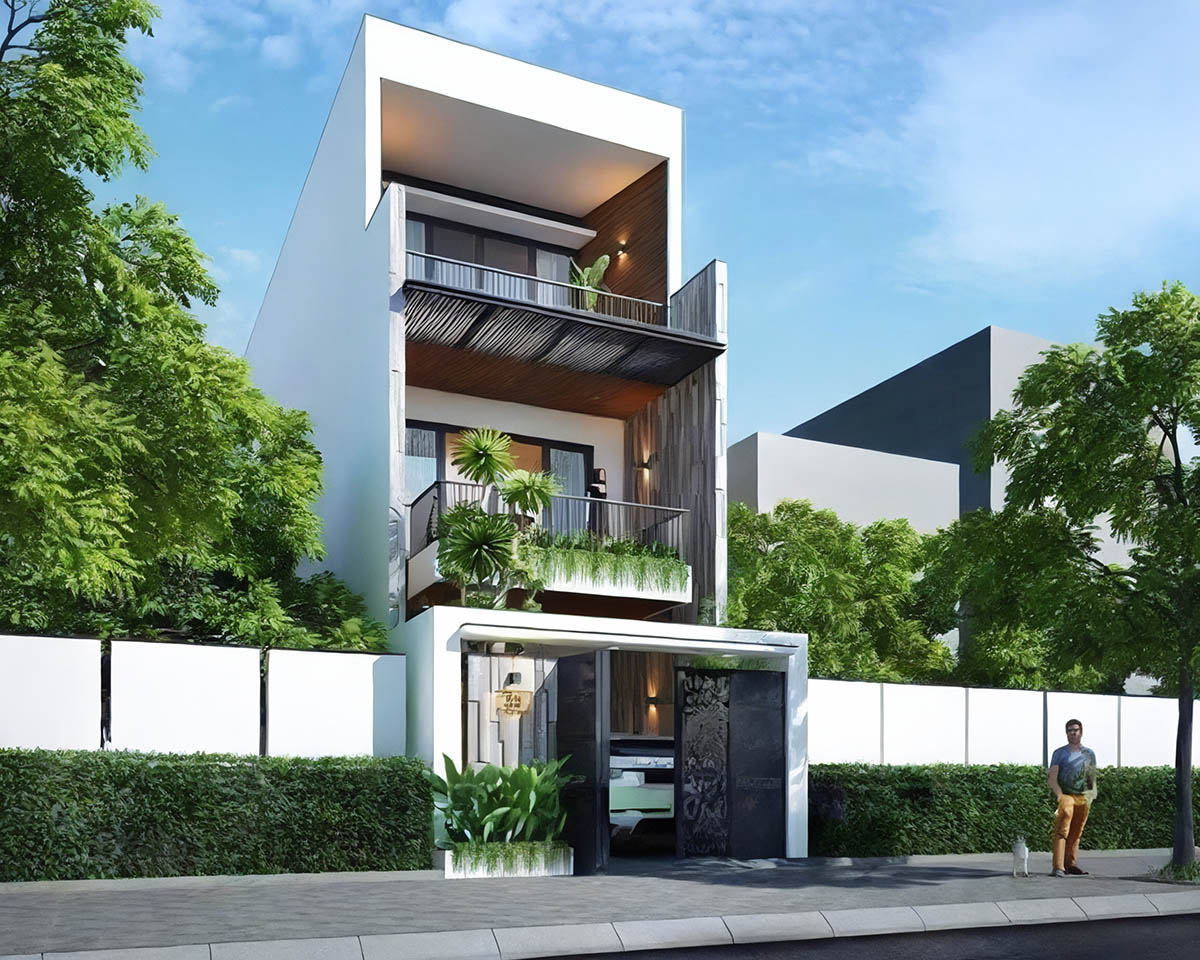 Phối cảnh thiết kế mẫu nhà ngang 6m dài 15m cấu trúc bậc thang ấn tượng.