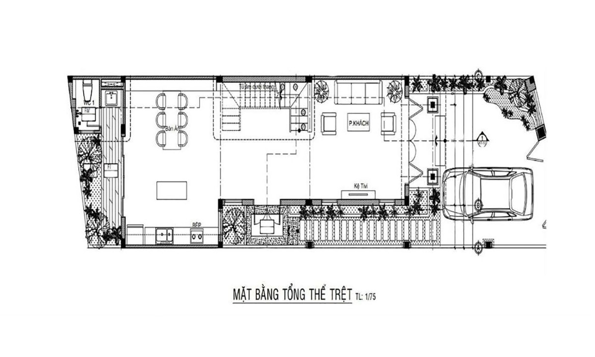 Mặt bằng công năng tầng trệt của thiết kế nhà ngang 6m dài 15m.