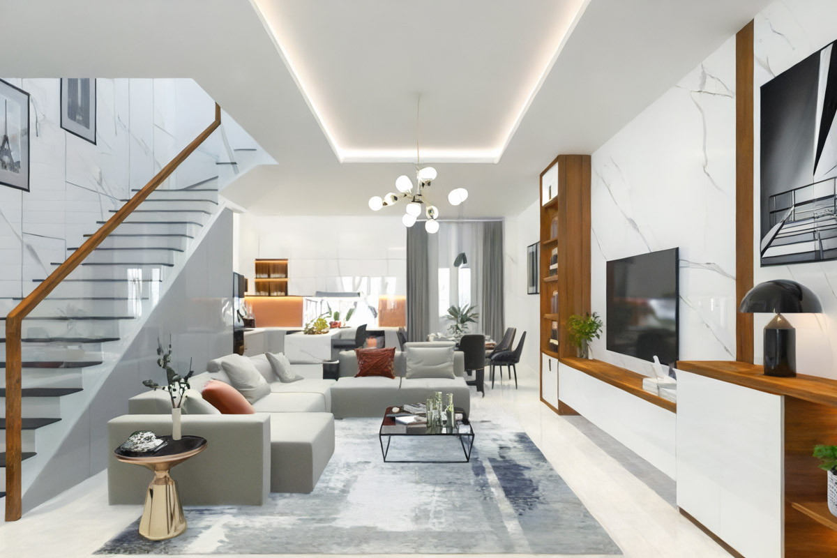 Nội thất phòng khách của nhà ngang 6m dài 15m đơn giản, tinh tế với các vật dụng bằng gỗ sang trọng.