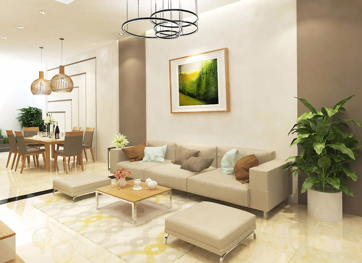 Nội thất phòng ăn nhà ngang 6m dài 15m với gam màu bé nhẹ nhàng, hiện đại.