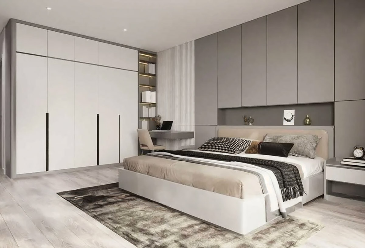 Nội thất phòng ngủ nhà ngang 6m dài 15m thiết kế tối giản với hệ tủ lớn dùng để chứa đồ.