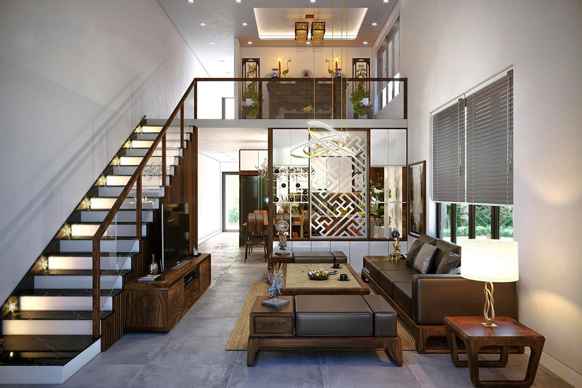 Thiết kế nhà ống 2 tầng có gác lửng đẹp 43m2